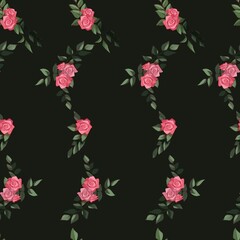 seamless floral stripe pattern with pink roses and lush green leaves arranged in a flowing, continuous vertical design on a dark background, Ideal for textile prints, wallpaper, fashion fabrics
