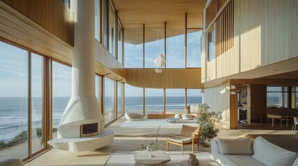 Naklejka premium Modern Waterfront House With Sleek Design and Panoramic Views Near the Beach During Sunset