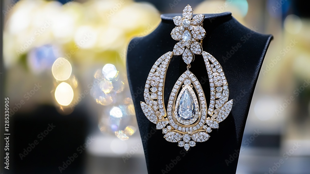 Poster Stunning Close-Up of Vintage Diamond Earrings on Display with Sparkling Bokeh Effect : Generative AI