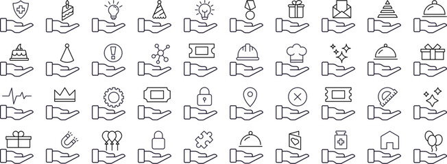 Pack of Gift, Charity, Holiday, Business, Present Related Line Icons. Outline Signs for Graphic and Web Design, Apps, Adverts, Various Cards