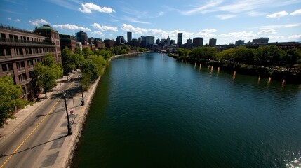 Obraz premium Scenic view of a city skyline along a tranquil river with lush greenery and blue skies