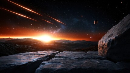 Breathtaking cosmic landscape at sunrise with meteors and distant planets on alien terrain
