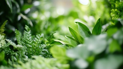 Lush Green Landscape with Various Plants and Leaves in Sunlit Garden Setting : Generative AI