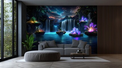 Serene indoor scene featuring a lush waterfall mural with glowing crystals and plants