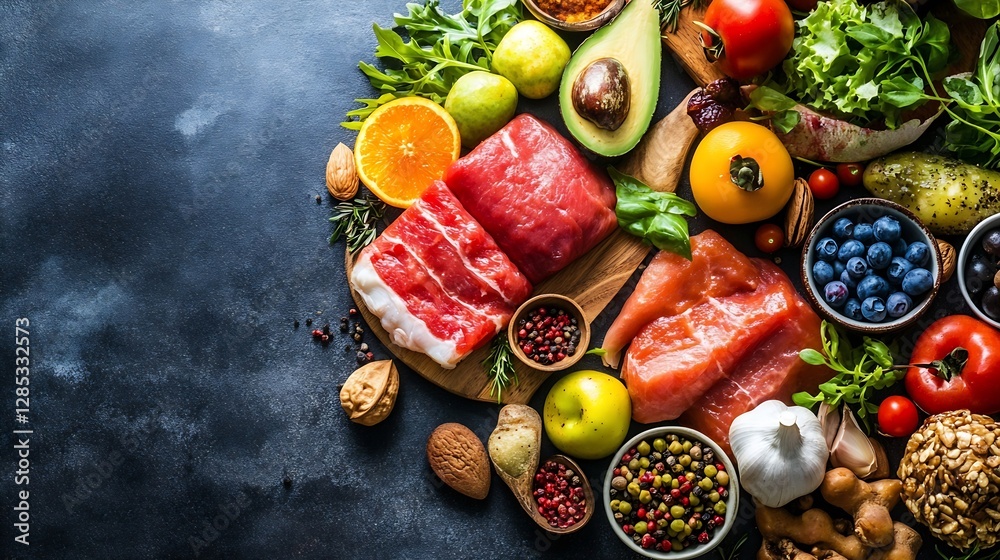 Aufkleber vibrant selection of fresh meat fruits and vegetables displayed on a rustic wooden table : generativ
