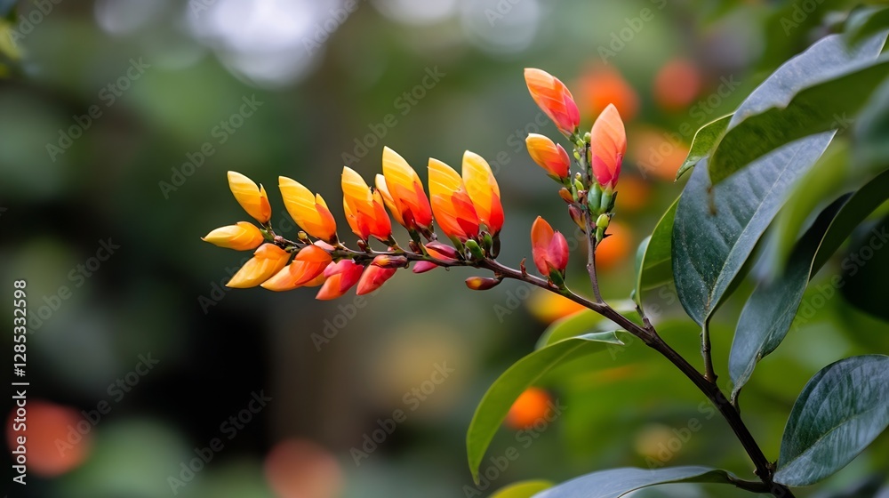 Poster vibrant orange and red flower cluster on a green branch in a natural setting : generative ai