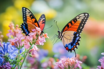 Obraz premium Two beautiful butterflies pollinating flowers in a colorful garden