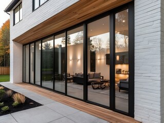 Obraz premium Modern house exterior featuring large sliding glass doors and white brick