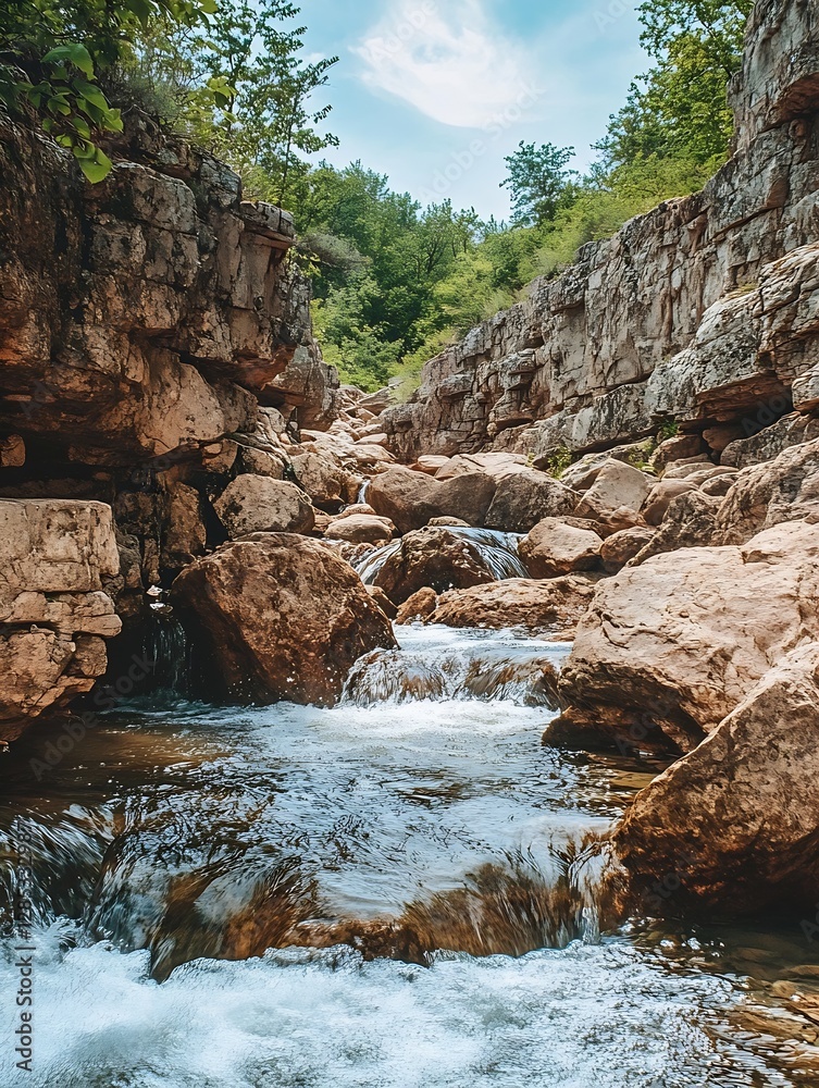 Poster serene stream flowing through rocky terrain surrounded by lush green forest : generative ai