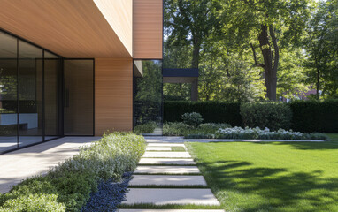 Fototapeta premium Modern garden with stone pathway in residential area during sunny daytime