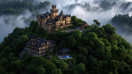 Fototapeta premium Aerial view of a majestic castle atop a lush green hill surrounded by misty forests at dawn