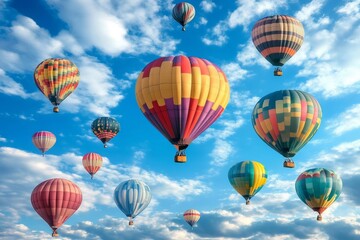 Fototapeta premium Colorful hot air balloons flying in a cloudy blue sky