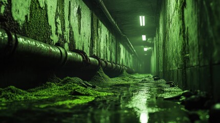 Dark, Mysterious Sewer Passageway with Green Glow and Murky Water