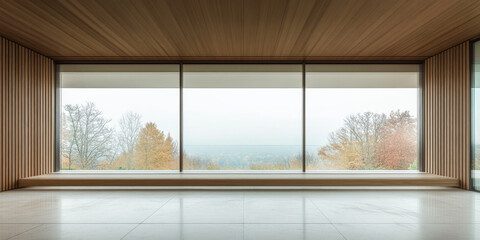 Fototapeta premium Modern interior with large windows overlooking a misty autumn landscape in a serene environment