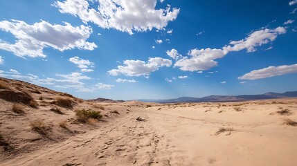 Vast Desert Landscape Under Bright Blue Sky with Fluffy Clouds : Generative AI