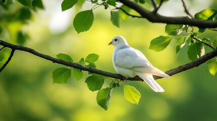 Obraz premium Serene White Bird Perched on a Branch Surrounded by Lush Green Leaves in Nature : Generative AI