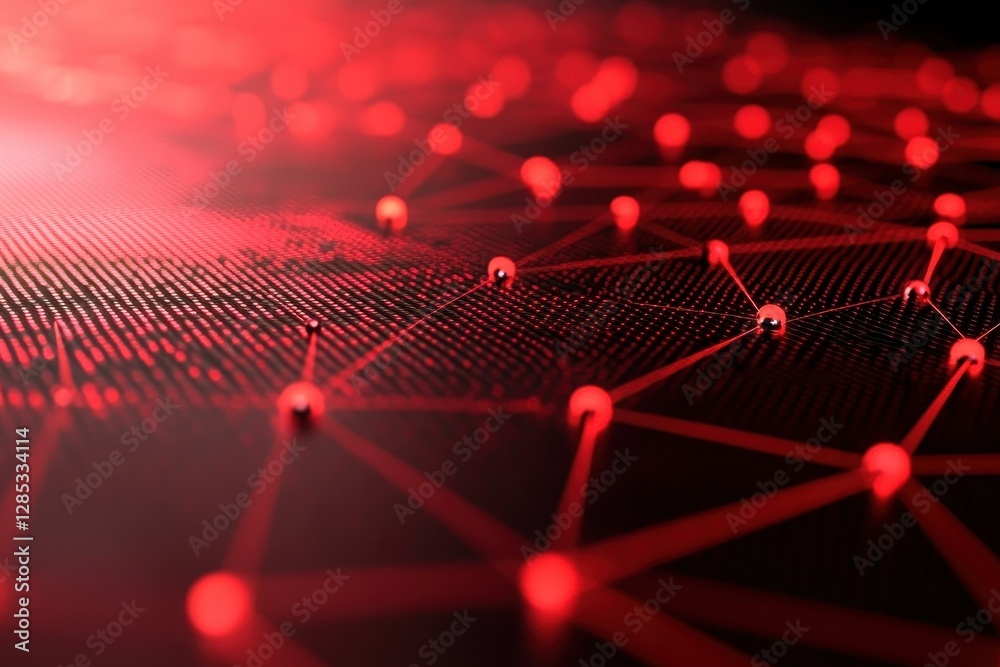Poster network of connections illustrated through red nodes and lines depicting data processing activity, n