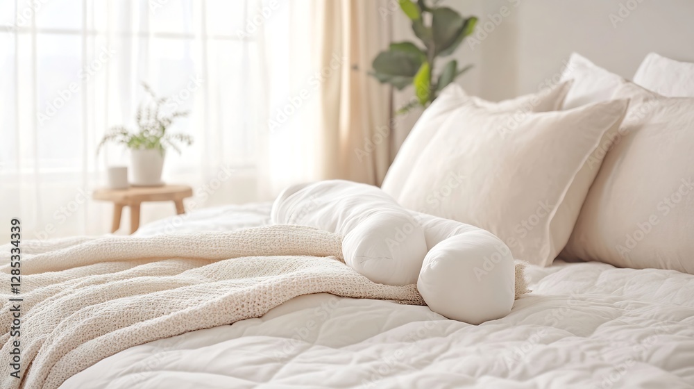 Poster Cozy bedroom setting with soft bedding and natural light creating a peaceful atmosphere : Generative AI