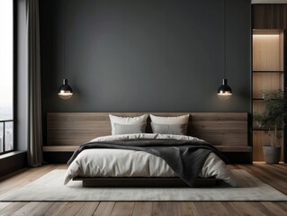 Modern bedroom featuring a bed with two hanging pendant lights