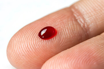 Fototapeta premium Drop of blood on a fingertip after a glucose ,Diabetes