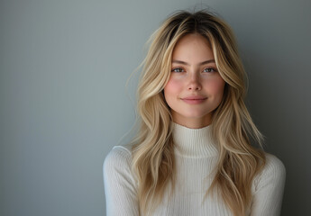 Fototapeta premium Portrait of a Smiling Young Blonde Woman – Natural Lighting, Sharp Focus, and Professional Color Grading for a Clean, Cinematic Look. Isolated on White Background with Soft Shadows