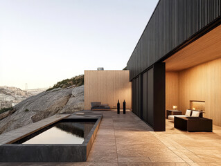 Contemporary hillside retreat with outdoor living space and infinity pool at sunset
