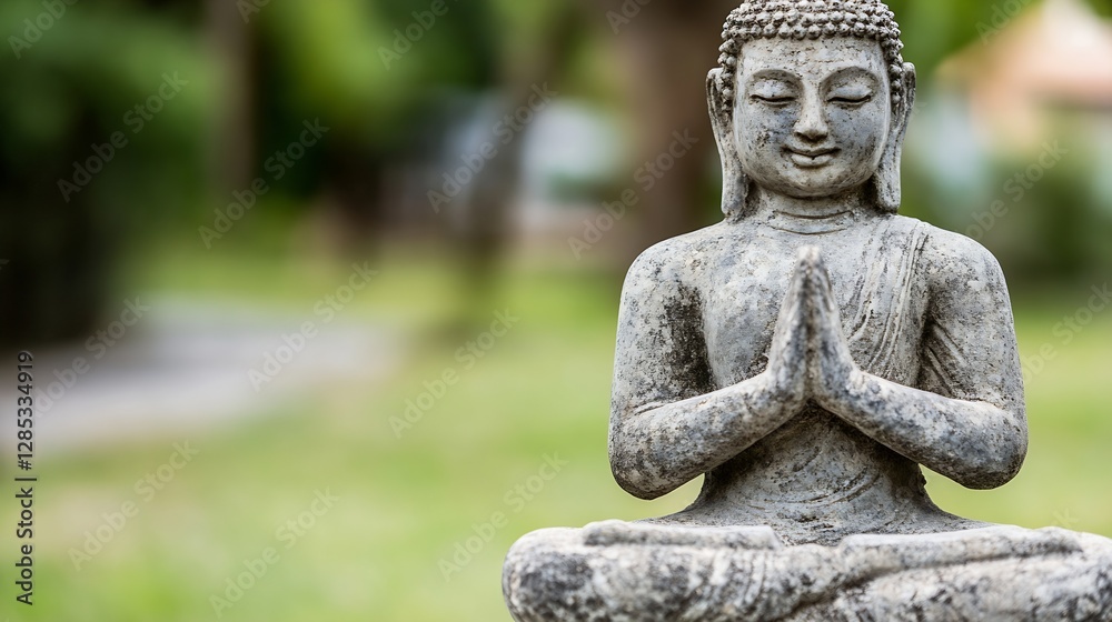 Poster serene stone buddha statue with closed eyes in a peaceful outdoor setting : generative ai
