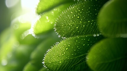 Obraz premium Close-up of Dew Covered Green Fern Leaves Glimmering in Soft Natural Light : Generative AI