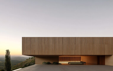 Modern architectural design in a serene landscape during sunset hour