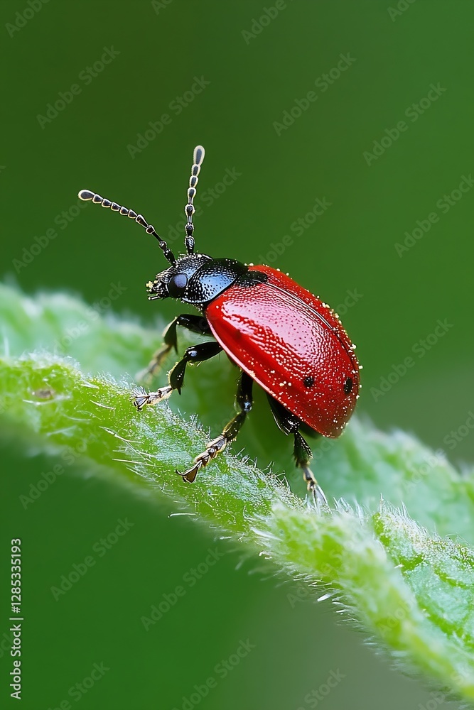 Poster close up of vibrant red ladybug resting on green leaf : generative ai