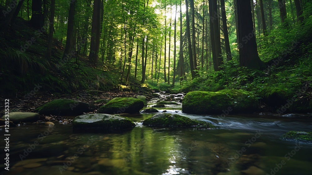 Poster Serene Forest Stream with Lush Green Trees and Mossy Rocks Captured in Soft Natural Light : Generative AI