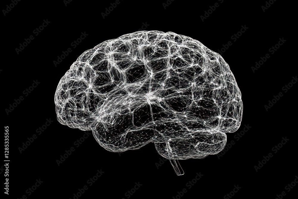 Poster human brain with data processing and connections illustrating neural activity in a digital world, hu