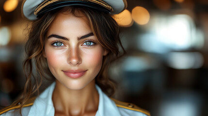 Fototapeta premium A young, beautiful, and confident female pilot stands elegantly in a sleek uniform, embodying professionalism and grace. The blurred modern background enhances her poised presence