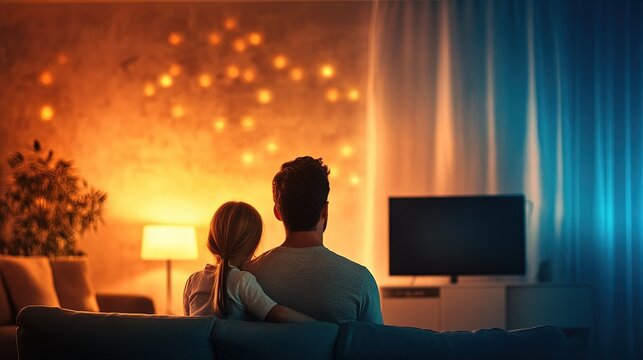 Young parents adjusting smart panel brightness in a cozy modern home, blending comfort with seamless technology integration