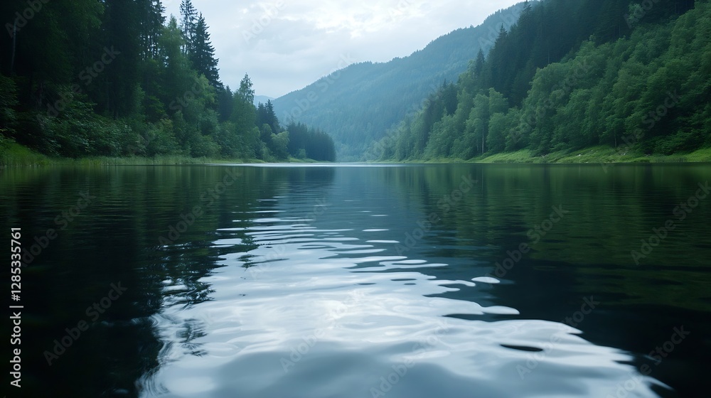 Aufkleber tranquil forest landscape reflected in calm waters surrounded by lush green trees and mountains : ge