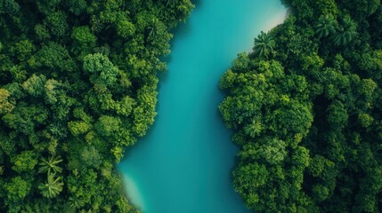 Aerial View of Serene Turquoise River Flowing Through Lush Green Jungle
