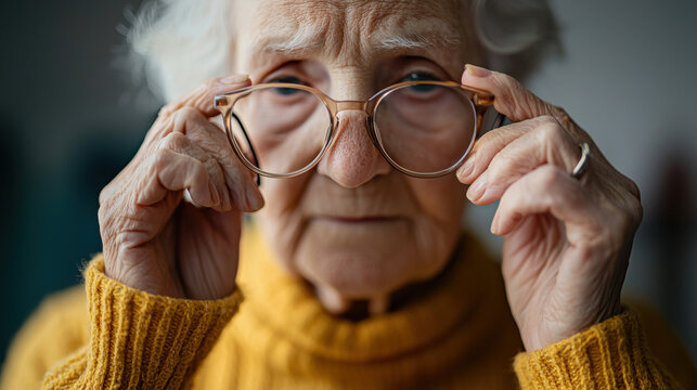 Dementia caregiver. Elderly woman adjusting glasses, wearing a cozy sweater.