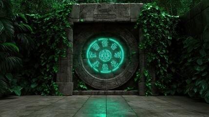 Ancient stone portal surrounded by lush greenery, glowing symbols illuminating the entrance