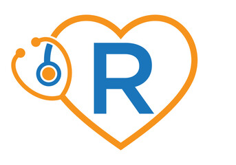 Initial Letter R Medical Logo Concept With Heart and Stethoscope Symbol For Healthcare and Medical Sign