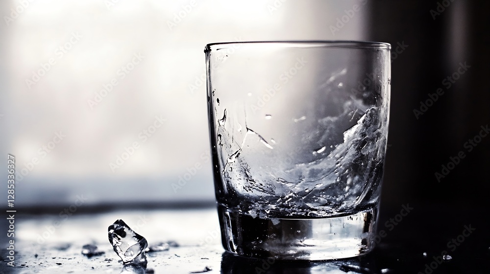 Aufkleber elegant empty glass with water and broken ice on dark surface creating dramatic mood : generative ai