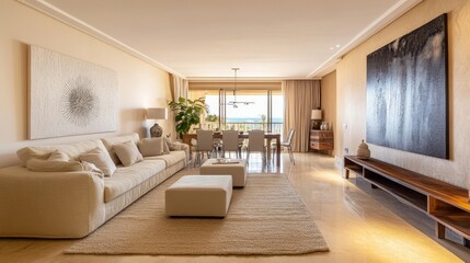 Fototapeta premium Elegant Modern Living Room With Spacious Dining Area and Panoramic Views of the City in Bright Daylight