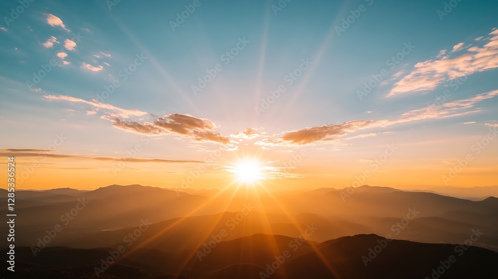 Poster breathtaking sunset over majestic mountains creating a warm golden glow : generative ai