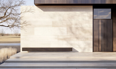 Modern architectural design featuring natural materials in peaceful outdoor setting