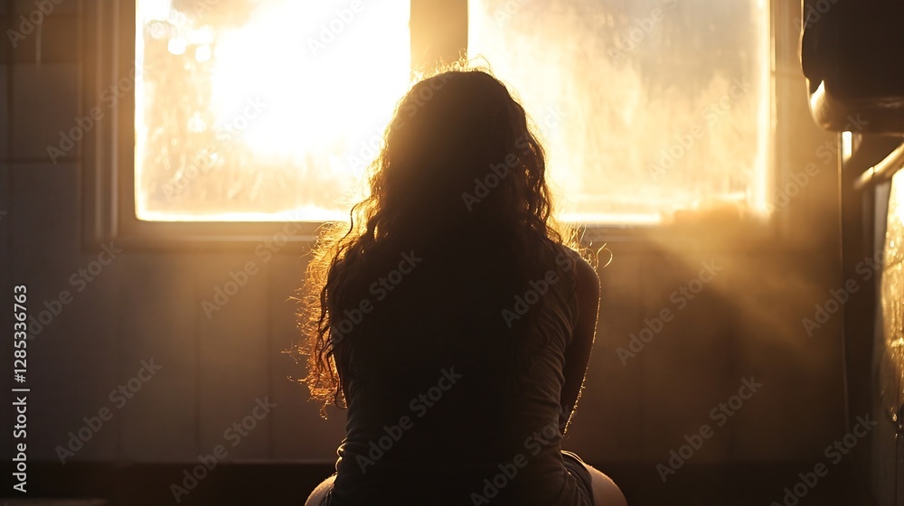 Poster Silhouette of a woman sitting in front of a sunlit window capturing a mood of reflection and warmth : Generative AI