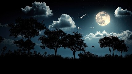 Nighttime landscape with a full moon illuminating trees and flying birds under a starry sky