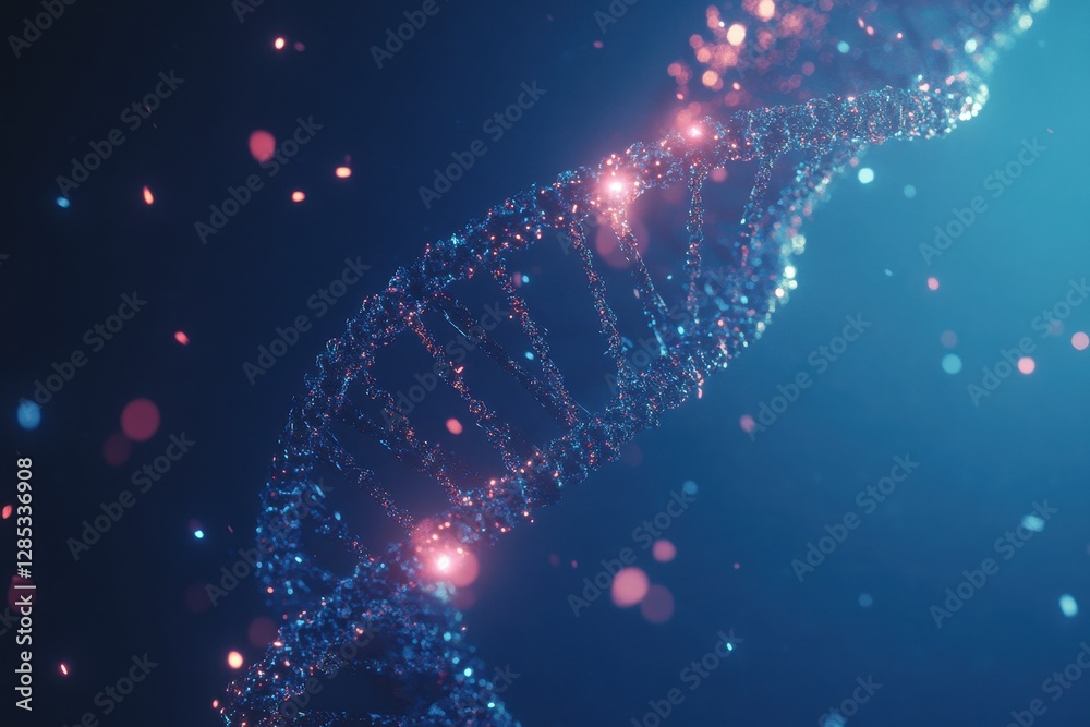 Leinwandbilder dynamic spinning dna strand and data processing on blue background with luminous effects, dna strand