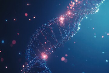 Dynamic spinning dna strand and data processing on blue background with luminous effects, dna strand spinning and data processing on blue background