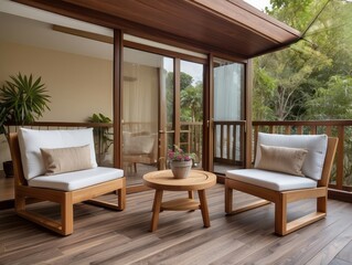 Fototapeta premium Luxurious wooden balcony showcases outdoor furniture with lush greenery