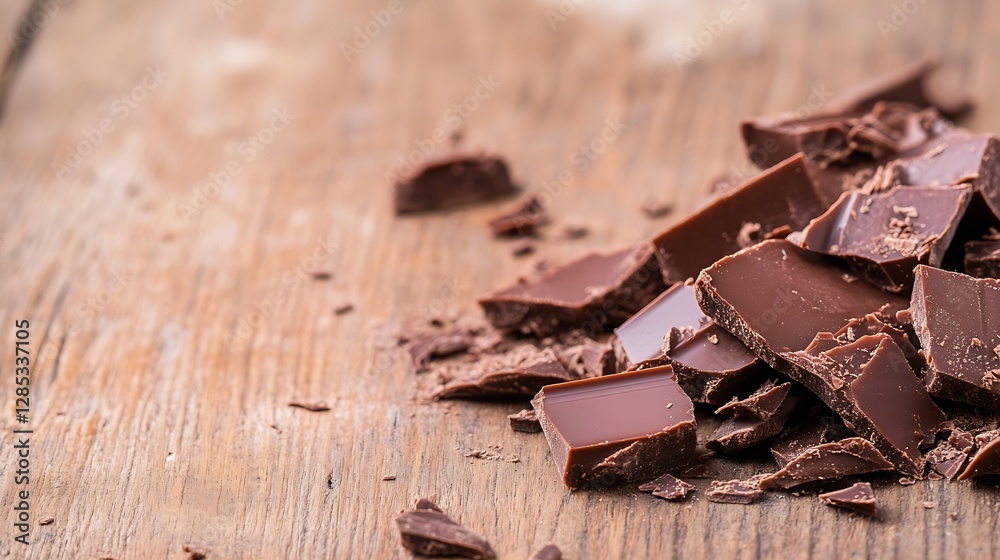 Poster delicious chocolate pieces splattered on rustic wooden surface capturing tempting texture : generati