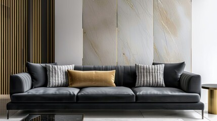 Modern Living Room Interior with Black Velvet Sofa, Patterned Cushions, Marble Wall, and Golden Metal Accents